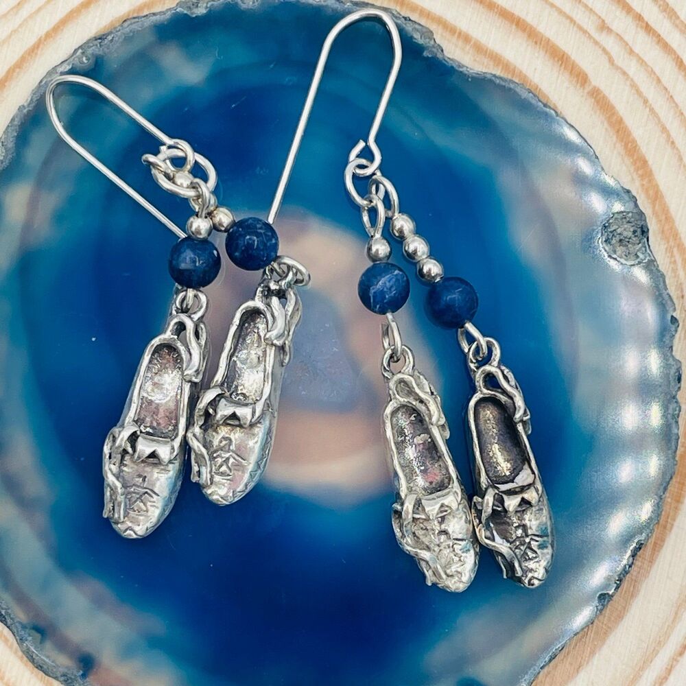 Silver Pewter Moccasin Style Slipper Shoes Pair Dangling Earrings w/ Blue Beads